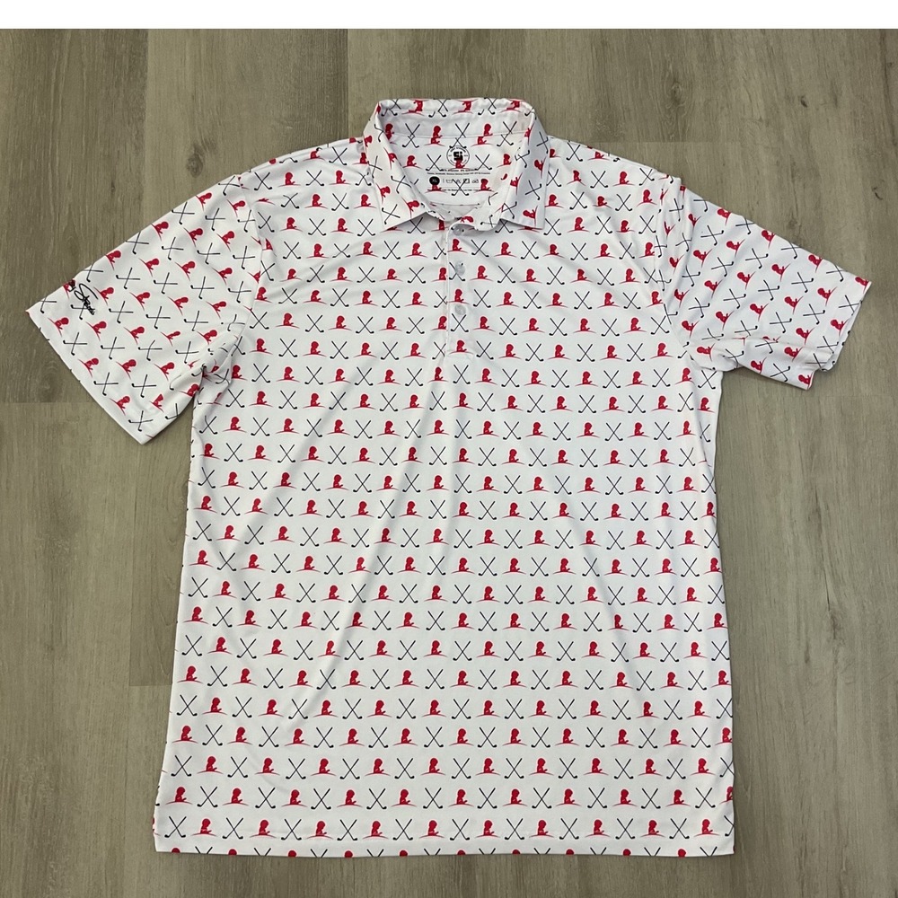 Coby Stevens Mens XL Performance Golf Polo Shirt White Red Golf Club Print UPF50